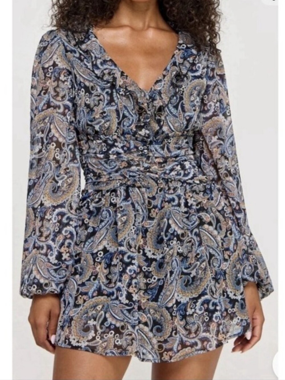 City Studios YC Blue Dress In Paisley Print V-Neck Mini Dress in Black/ Blue